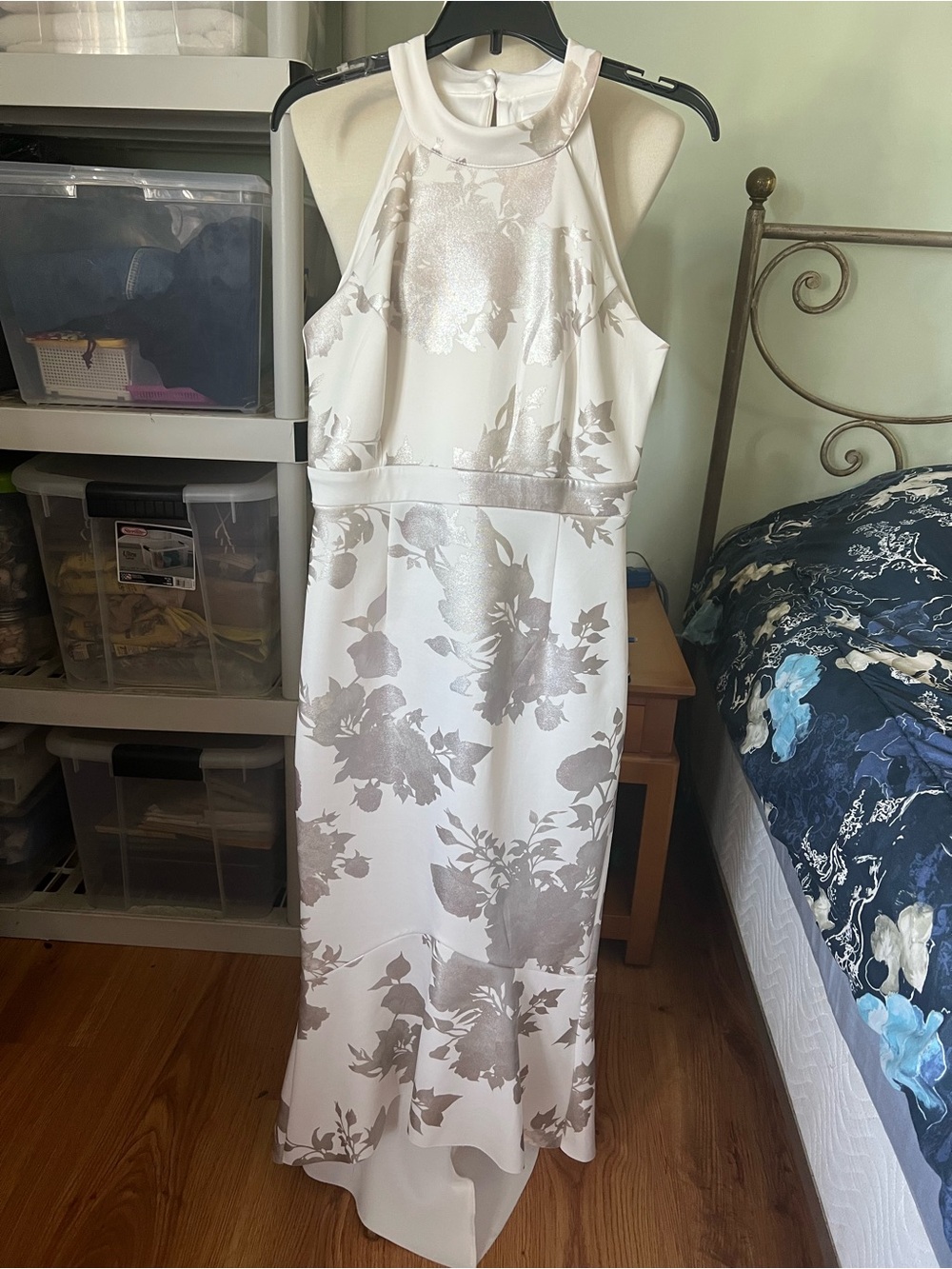 Enfocus Studio White and Silver Floral Halter Maxi Dress